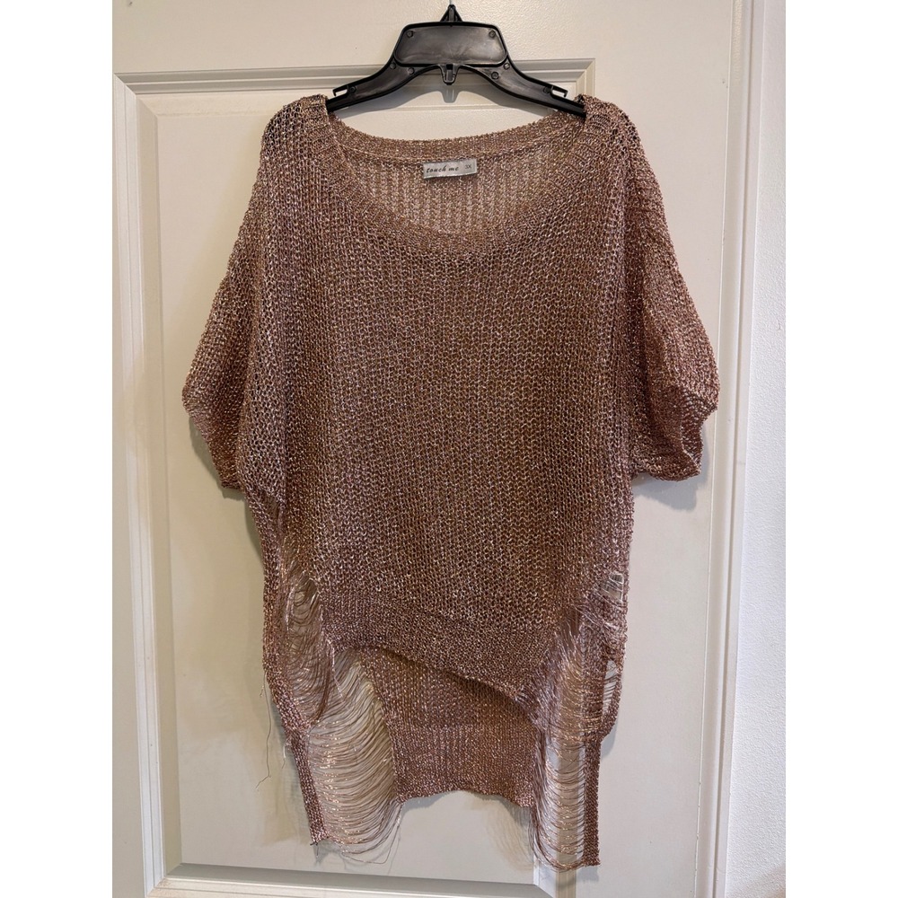 Touch Me Rose Gold Metallic Open Knit Distressed Fringe Sweater Top Plus Size 3X